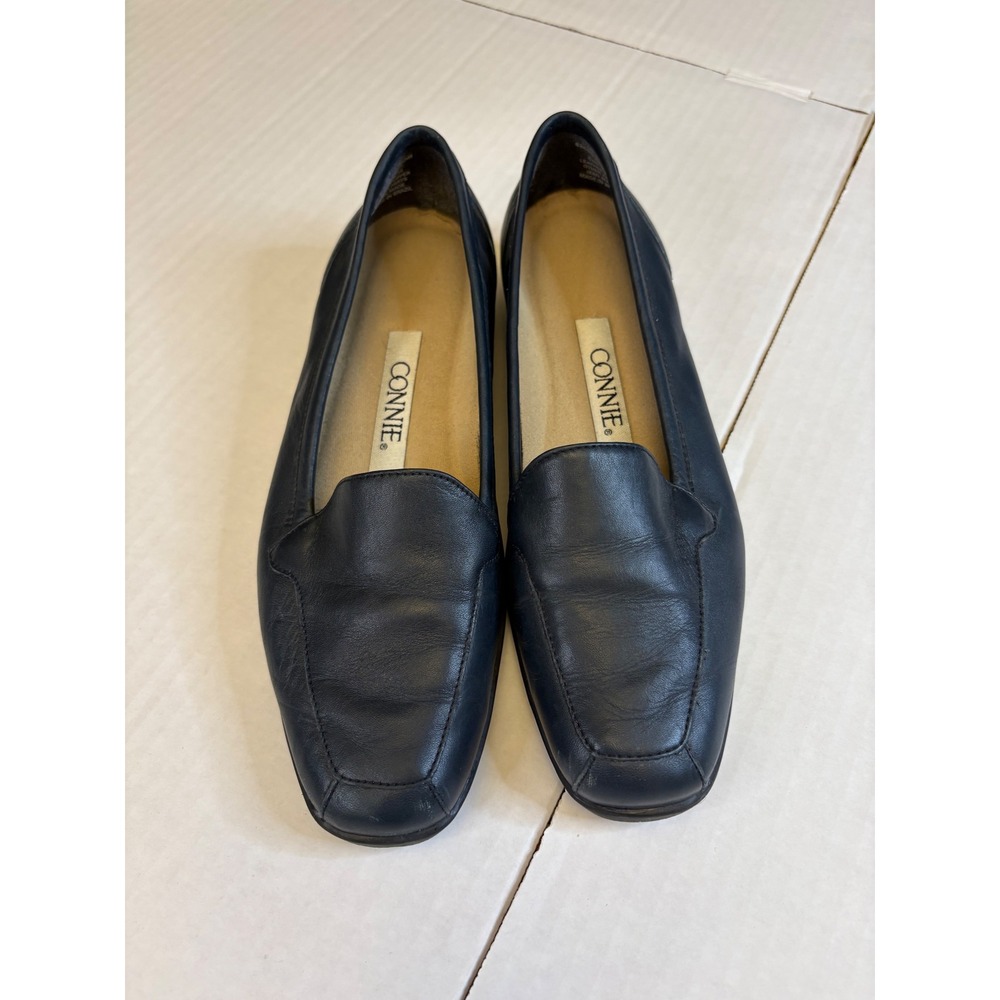 Vintage Connie Navy Blue Leather Loafers - Square Toe Flats Size 8 Quiet Luxury